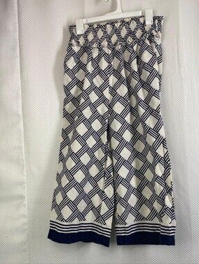 Deja Bleu Blue White Geometric Wide Leg Pants Smocked Elastic Waist Size M Boho